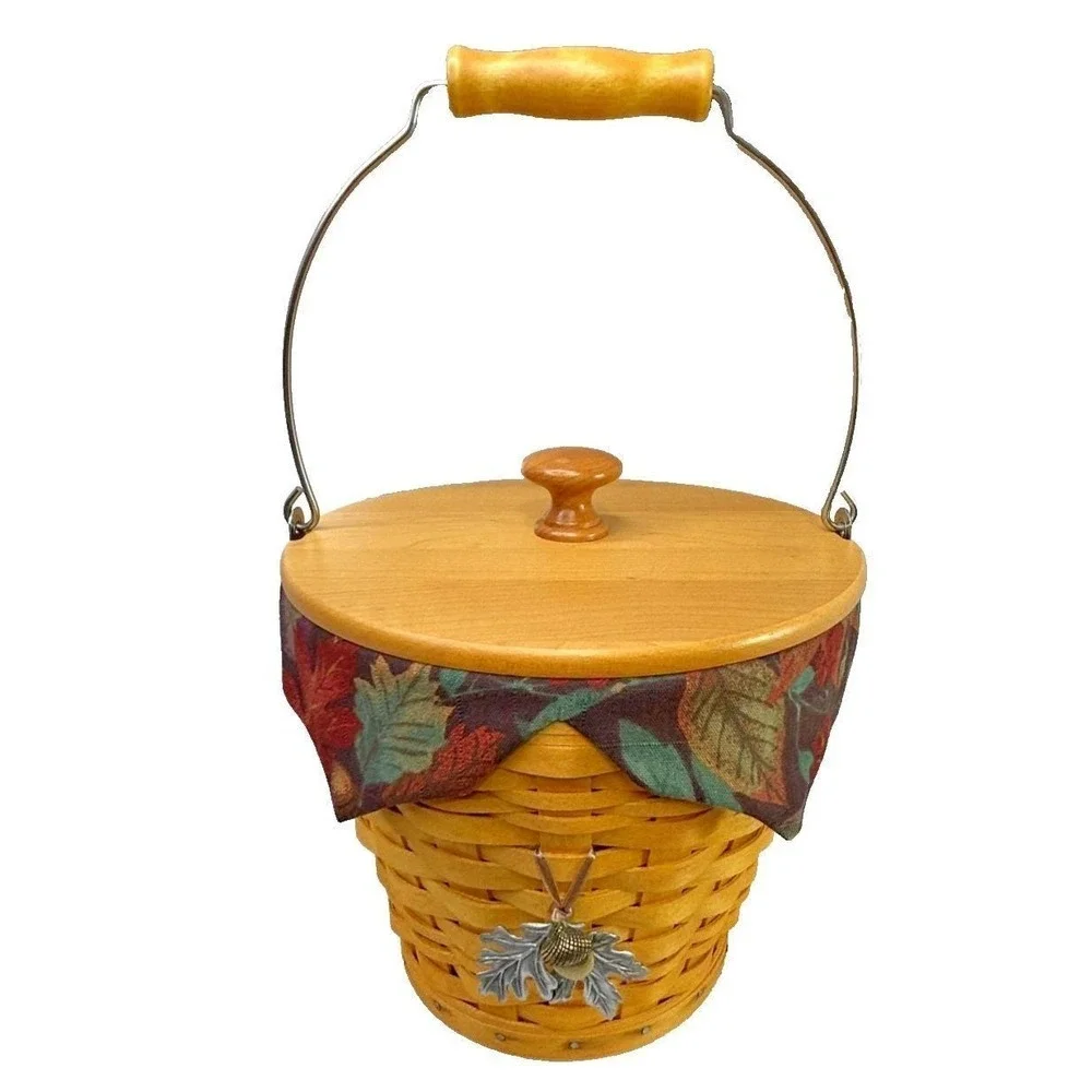 Longaberger AUTUMN PAIL Basket Protector Lid Tie-On & Falling Leaves Liner 2002